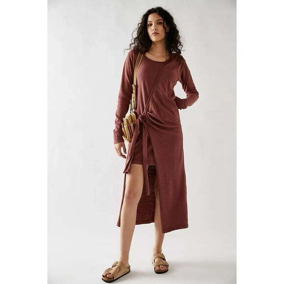 Free People Molly Side-Tie Midi Dress in Bittersweet Size XS Long Sleeve Cotton - Picture 1 of 6
